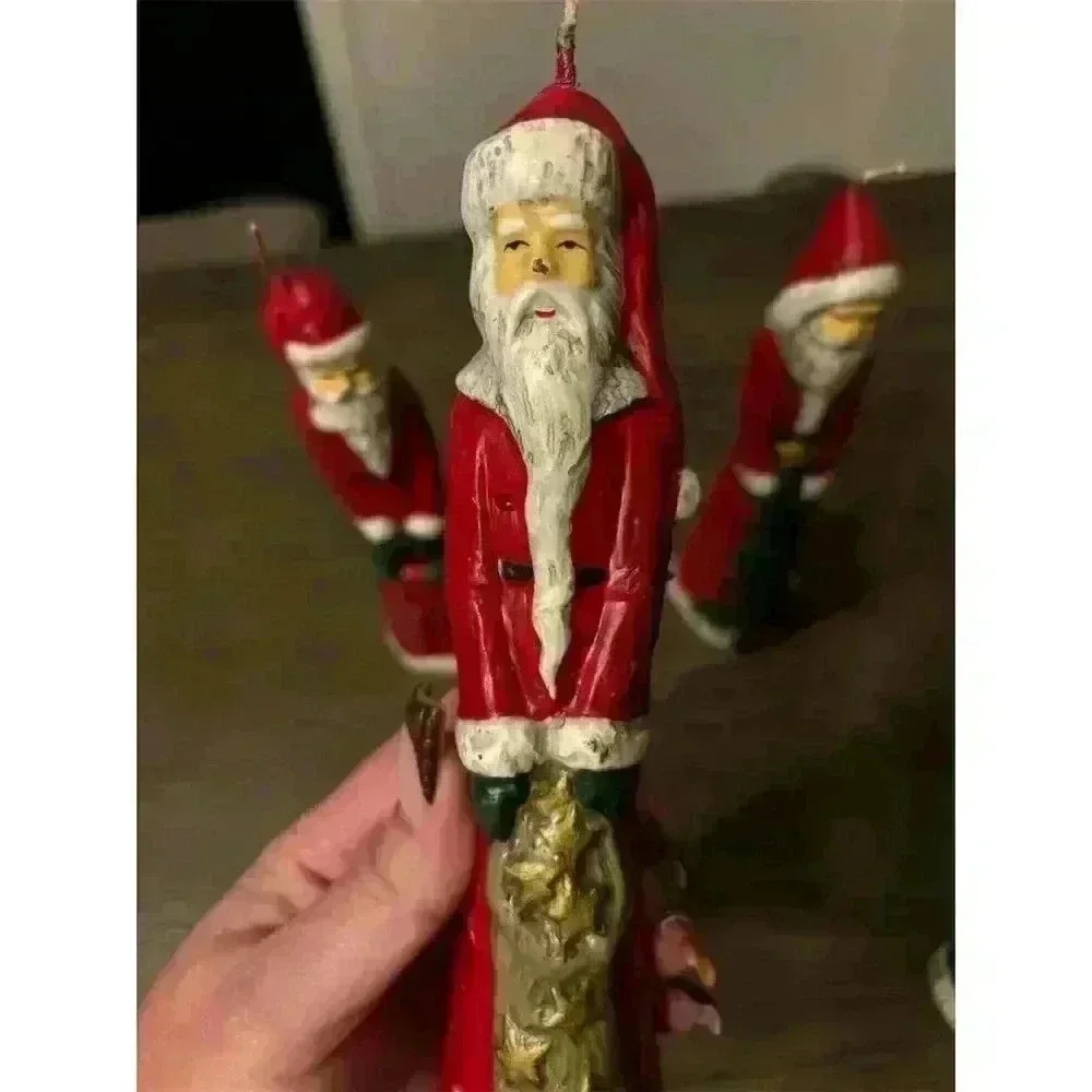 Vintage Set of 3 tall Santa Folk Art Wax Holiday Candles Christmas